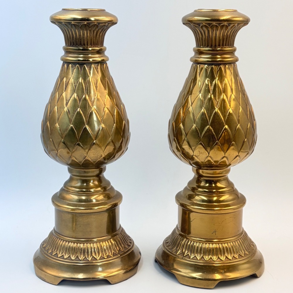 Vintage Solid Brass Scalloped Pineapple Lamp Base Set of 2 MCM Hollywood Regency